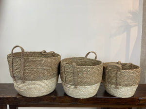 Round Maize Baskets S/3  - Natural and Cream Bottom - Jute Handles